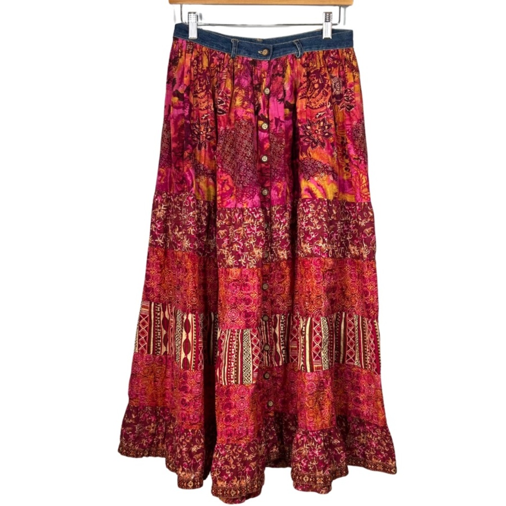 Patchwork Maxi Skirt Button Front Hippie Festival Gypsy boho indie folk Sz L